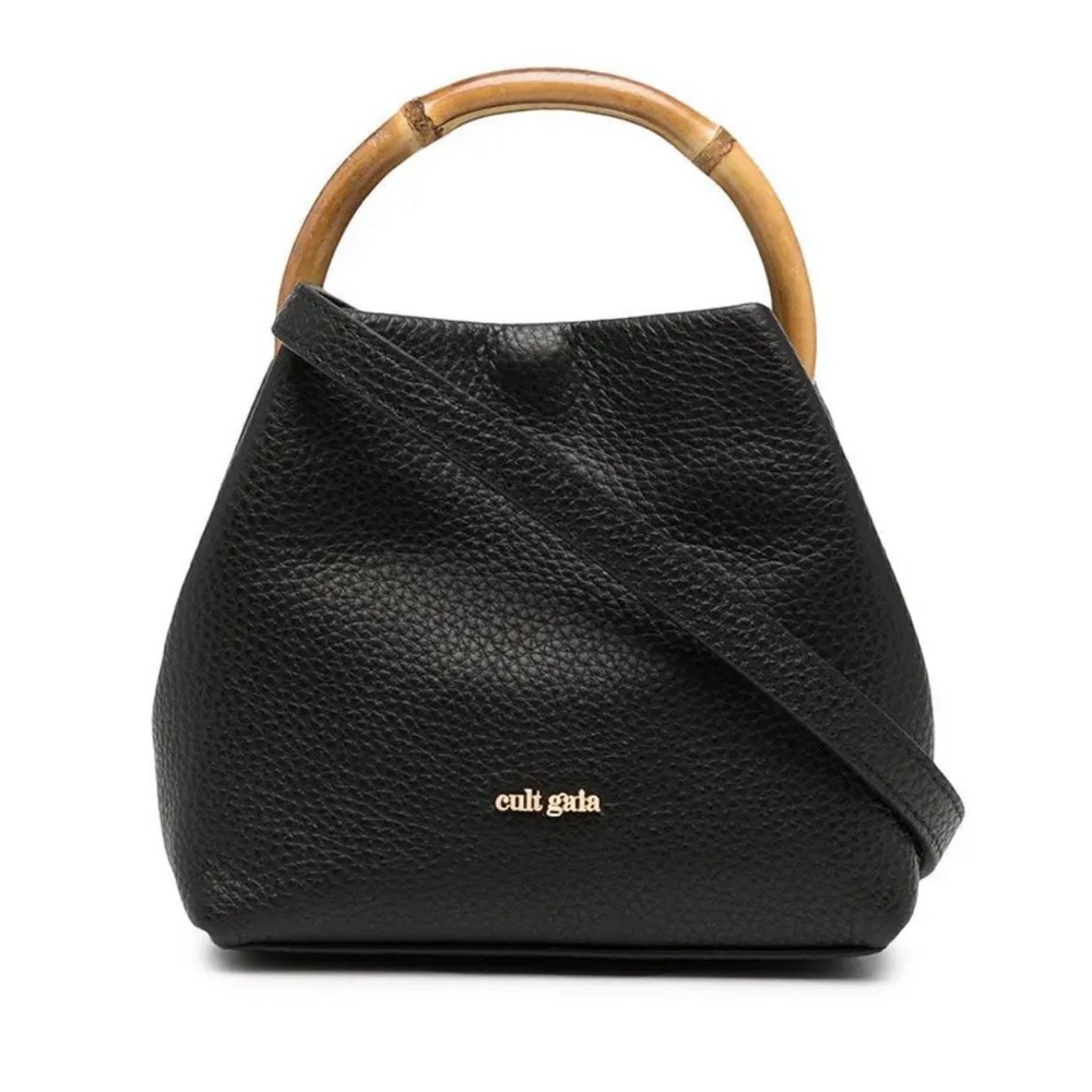 Cult Gaia Black Leather Shoulder Bag with Bamboo Handle